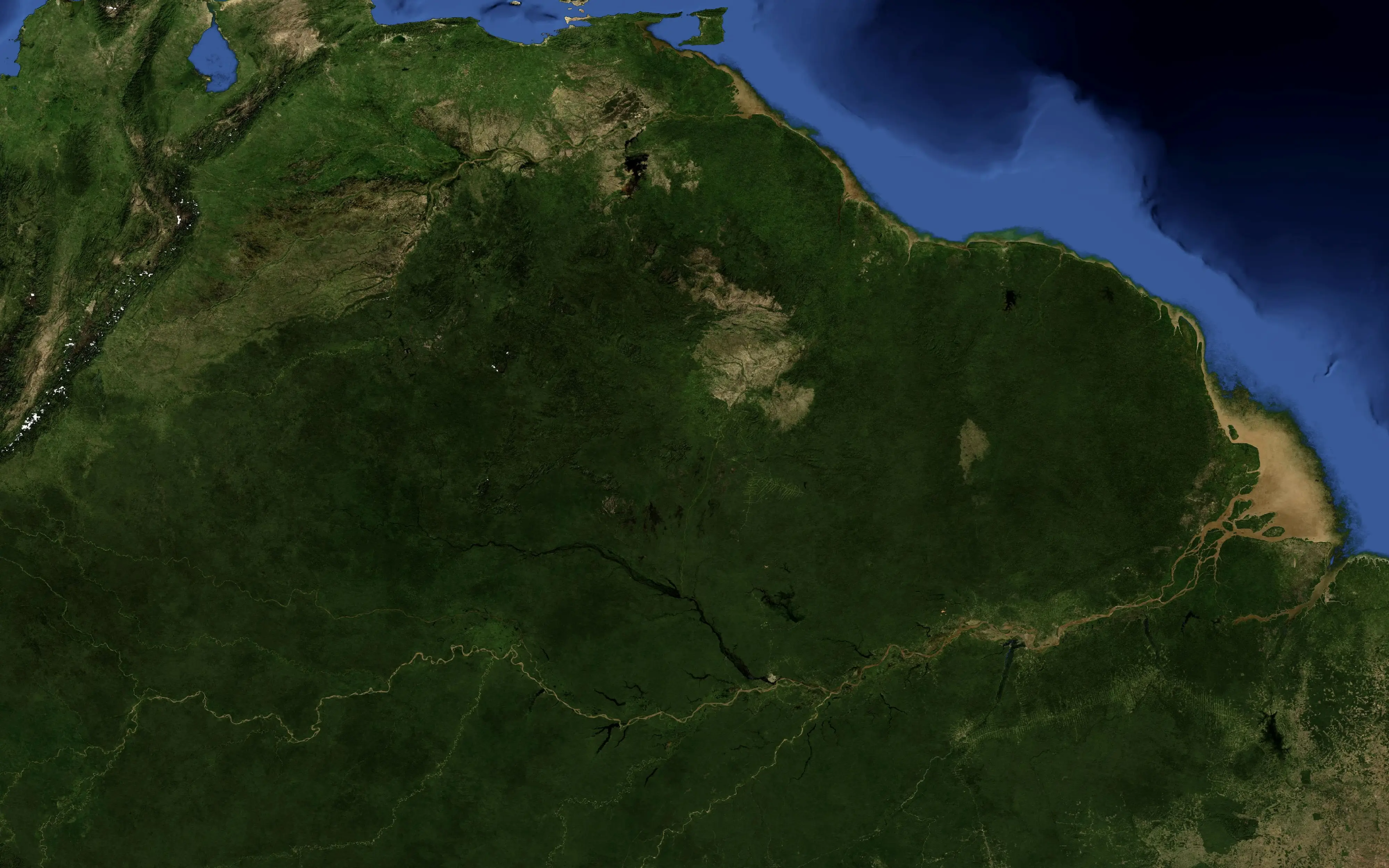 Satellite image of the northern Amazon with the road from Manaus to Georgetown