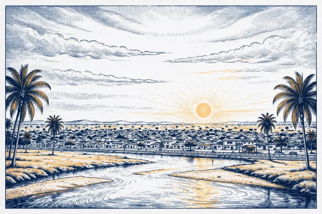 Gravura de Boa Vista, a capital no lavrado, com o rio Branco