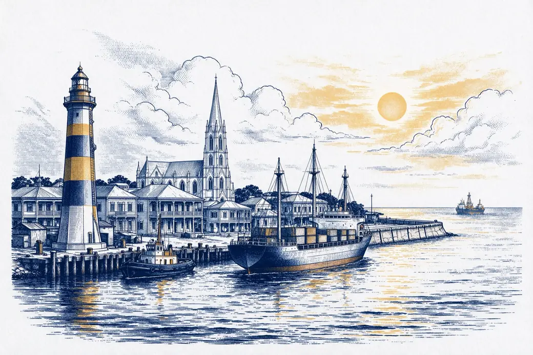 Gravura do porto de Georgetown, com o farol e o Atlântico