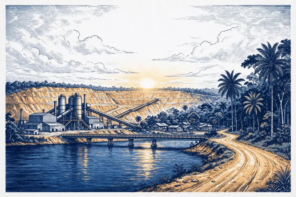 Gravura de Linden, na Guiana, com a mina, a ponte e o rio